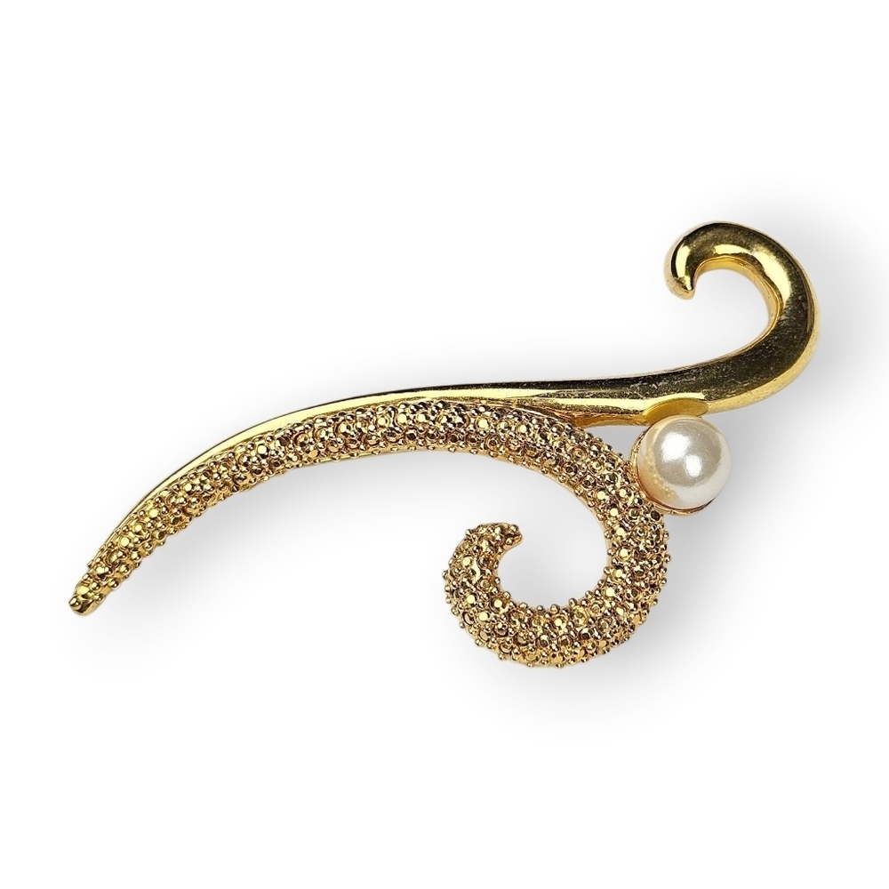 Vintage Faux Pearl Brooch Gold Plated V Initial Pebbled Texture Abstract 3.25"